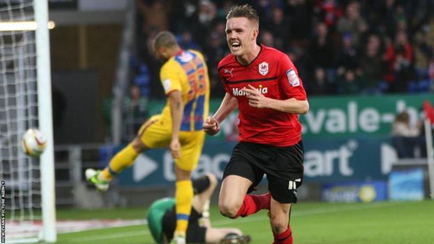 Craig Noone celebrates after his equalising goal brings Cardiff back to 1-1 against Crystal Palace