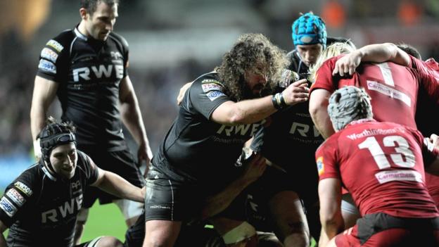 Prop Adam Jones (centre) makes his first start for two months after injury and he is part of a dominant Ospreys scrum that earns a penalty try against Scarlets