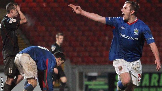 Mark McAllister celebrates scoring against Glentoran on Boxing Day