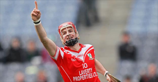 Liam Watson celebrates after scoring Loughgiel's opening goal in the All-Ireland Club Hurling final against Coolderry