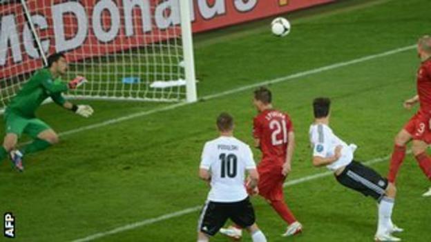 Mario Gomez scores against Portugal at Euro 2012