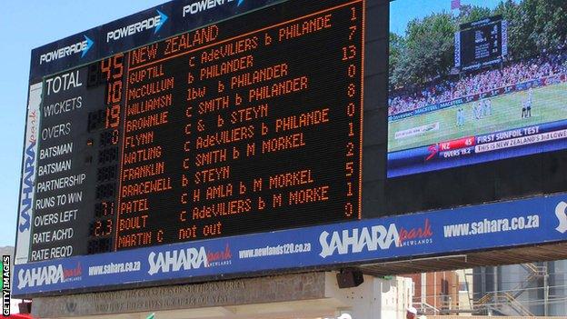 New Zealand are 45 all out on the Newlands scoreboard