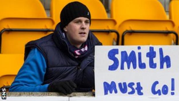 A Dundee fan with a banner displaying the message 'Smith Must Go!'
