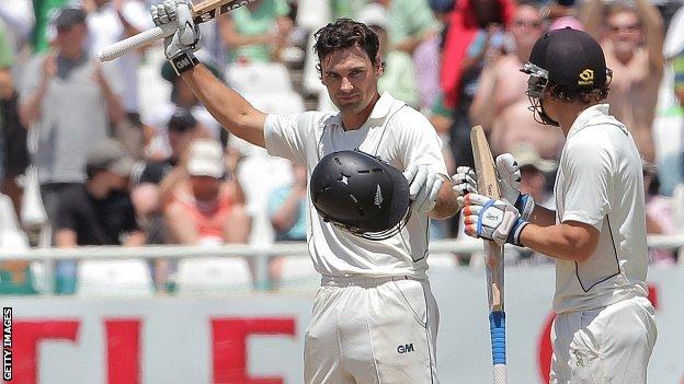 Dean Brownlie celebrates his maiden Test century