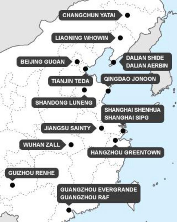 China Super League teams map