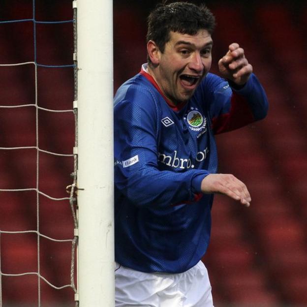 Matthew Tipton celebrates one of the three goals he scored in Linfield's 5-2 win over Coleraine at Windsor Park