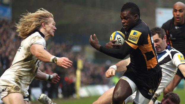 Christian Wade blasts through the Bath defence to score for Wasps on Sunday