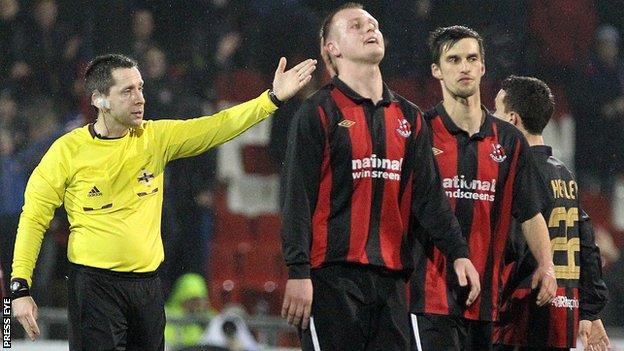 Jordan Owens of Crusaders was sent-off in the match against Linfield