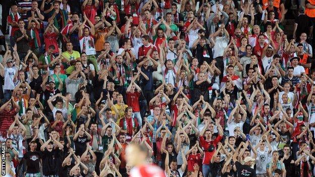 Hungarian fans chanting during a friendly football match between Hungary and Israel