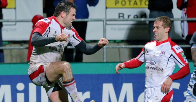 Jared Payne celebrates with Paul Marshall after scoring Ulster's second try