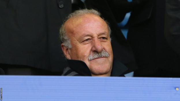 Spain manager Vicente del Bosque takes his seat at Goodison Park to watch Swansea City's Spanish contingent, including top scorer and man of the moment Michu