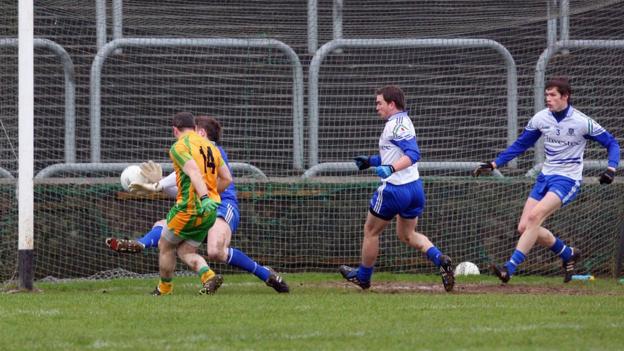 Adrian Hanlon scores a goal but his Donegal side was beaten 3-16 to 1-05 by Monaghan in the McKenna Cup