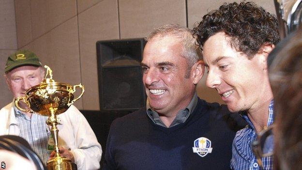 Paul McGinley and Rory McIlroy after the European captaincy announcement in Abu Dhabi.