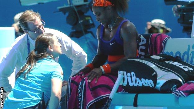 Serena Williams calls for the trainer
