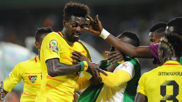Togo's Emmanuel Adebayor celebrates with team-mates