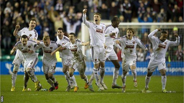 Hearts celebrate their penalty shoot-out win