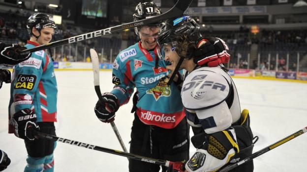 Darryl Lloyd, man of the match for the Belfast Giants, is congratulated by his team-mates after the 5-0 win over the Edinburgh Capitals