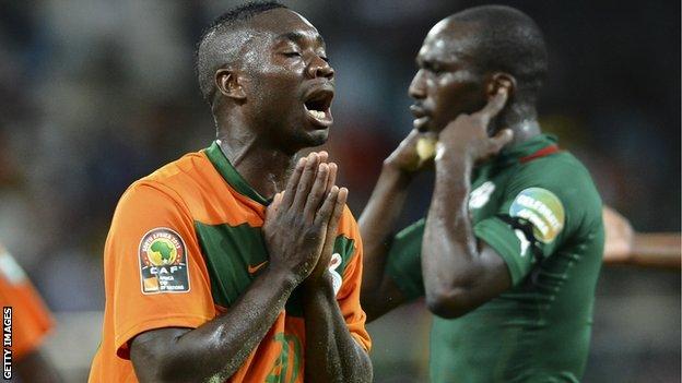 Zambia's Emmanuel Mayuka reacts during Zambia's final group game against Burkina Faso
