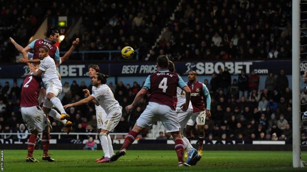 Andy Carroll, making his first start since November, heads home to secure the victory for West Ham over Swansea.