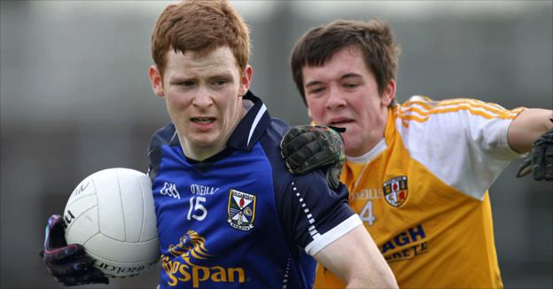 Niall McDermott and Niall Delargy in action as Antrim beat Cavan 1-14 to 2-9 in Division 3