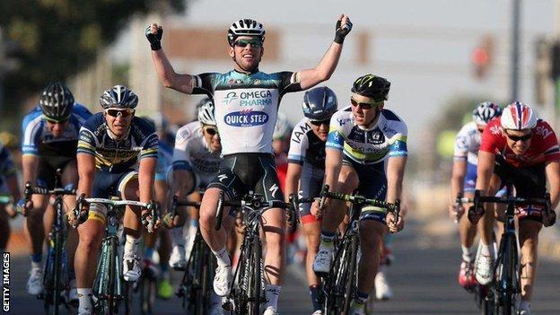 Mark Cavendish of Great Britain and Omega Pharma - Quick Step sprints for the finishline on his way to winning stage three of the Tour of Qatar