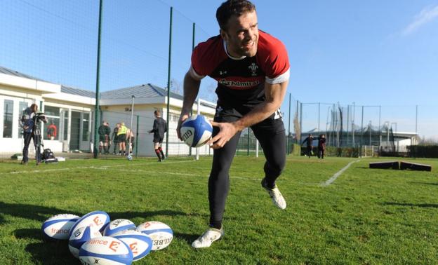 Centre Jamie Roberts takes part in a training session ahead of Wales’ Six Nations clash against France on Saturday.