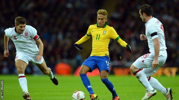 Neymar (centre) controls the ball under pressure from Steven Gerrard (left) and Frank Lampard