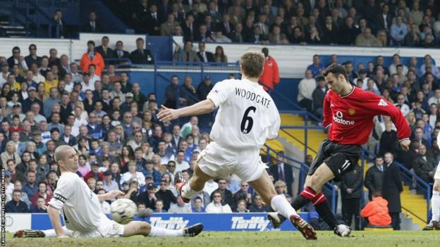 Ryan Giggs scores against Leeds United during the 2001-02 season.