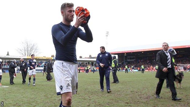 Millwall goalscorer James Henry applauds the fans after the final whistle of the FA Cup fifth round match against Luton