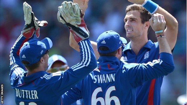 England paceman Steven Finn celebrates a wicket in Auckland
