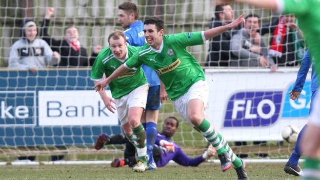 Joe Gormley celebrates after his superb strike gave leaders Cliftonville a 1-0 win away to Ballinamallard United