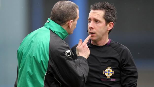 Donegal Celtic manager Pat McAllister was sent-off during the 0-0 draw at Coleraine following an exchange of views with referee Ross Dunlop