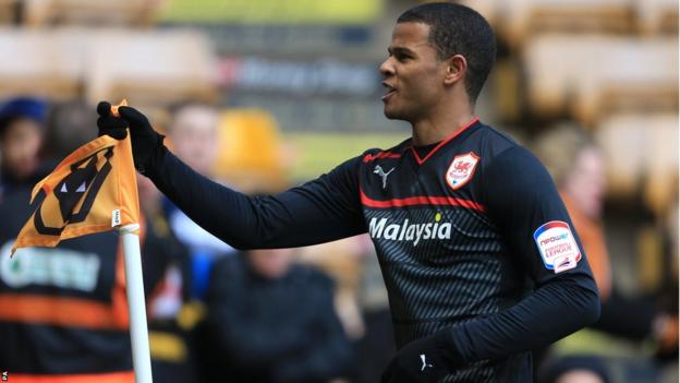 Striker Fraizer Campbell celebrates his first goal for Cardiff City against Wolves in the Sunday afternoon kick-off at Molineux