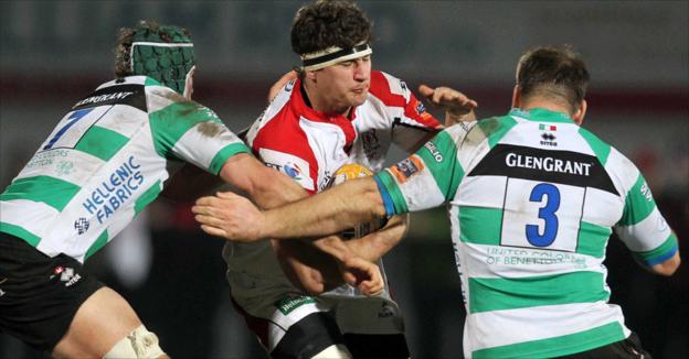 Ulster's Robbie Diack is confronted by Treviso forwards Dean Budd and Lorenzo Cittadini