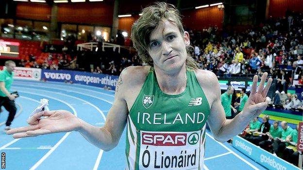 Ciaran O'Lionaird indicates that he gave his all in Saturday's 3,000m in Gothenburg