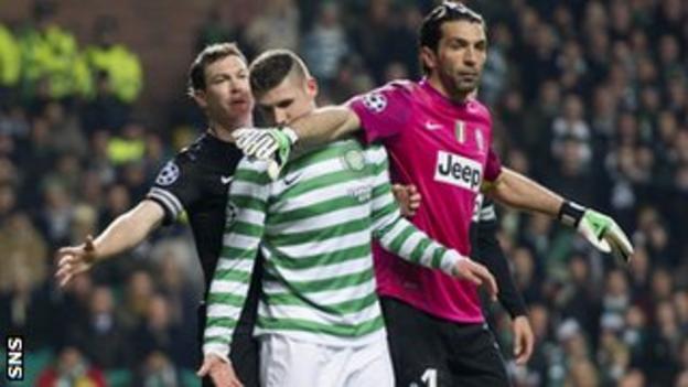 Celtic striker Gary Hooper (centre) is closely watched by Juventus pair Gianluigi Buffon (right) and Stephan Lichtsteiner