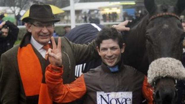 Owner Robert Waley-Cohen (left) and jockey Sam Waley-Cohen with Long Run