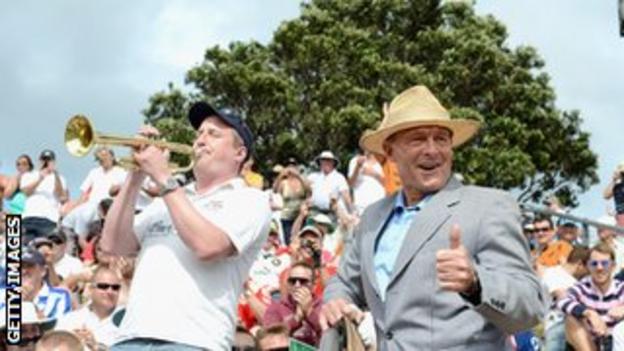 Geoffrey Boycott joins the Barmy Army during the second Test in Wellington