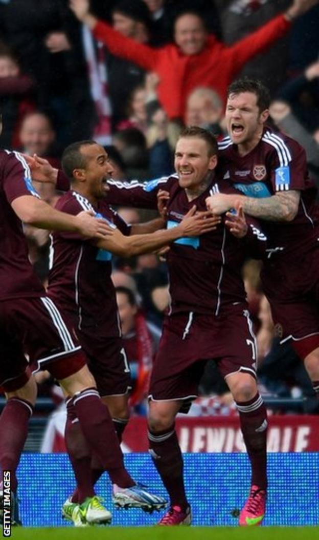 Ryan Stevenson is congratulated by his Hearts team-mates on one if his two goals at Hampden