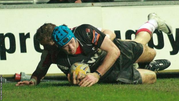 Wales flanker Dan Lydiate goes over for the Ospreys