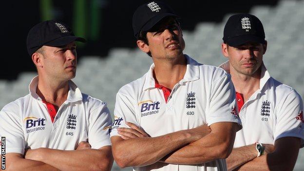 Jonathan Trott, Alastair Cook and James Anderson