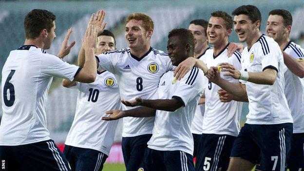 Scotland's U21 side celebrate a goal against Portugal