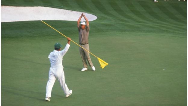 Sandy Lyle wins the 1988 Masters, watched by proud caddie Dave Musgrove