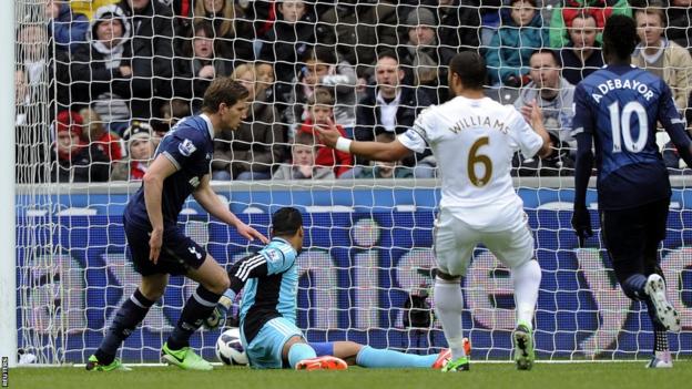 Tottenham Hotspur's Jan Vertonghen (left) scores an early goal against Swansea City in their Premier League game at the Liberty Stadium