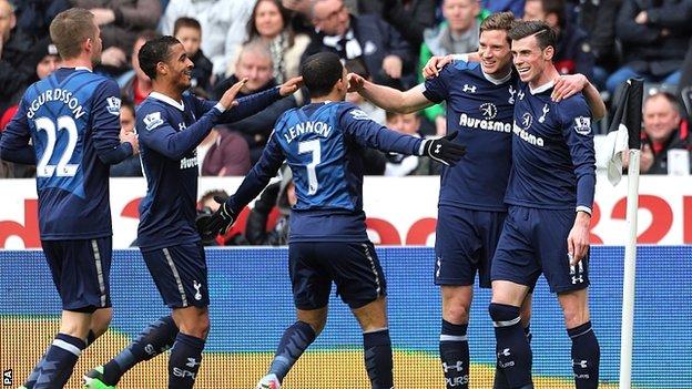 Jan Vertonghen and Gareth Bale celebrate for Spurs at the Liberty Stadium