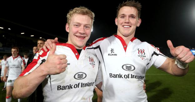 Stuart Olding and Craig Gilroy celebrate Ulster's 22-18 Pro12 win over Leinster at the RDS