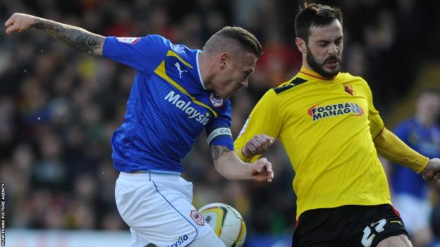 Craig Bellamy takes a shot at Watford for Cardiff in the Championship