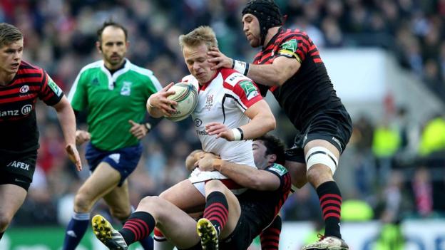 Ulster centre Luke Marshall feels the squeeze as Saracens deny space to the Irish visitors