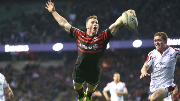 Chris Ashton is already celebrating before he goes over to score the second try for Saracens