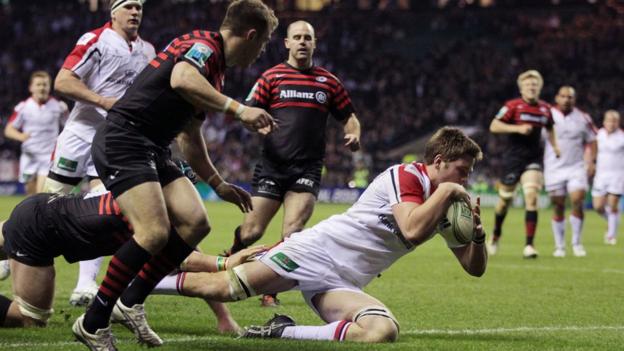 Iain Henderson crashes over to score a late consolation try in the 27-16 defeat by Saracens